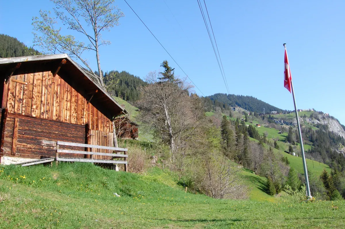 Wooden chalet with a Swiss flag on the slope above Gimmelwald, Switzerland