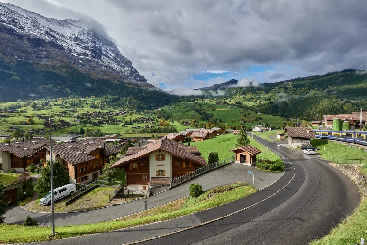 Grindelwald village and valley floor seen from the train in Switzerland