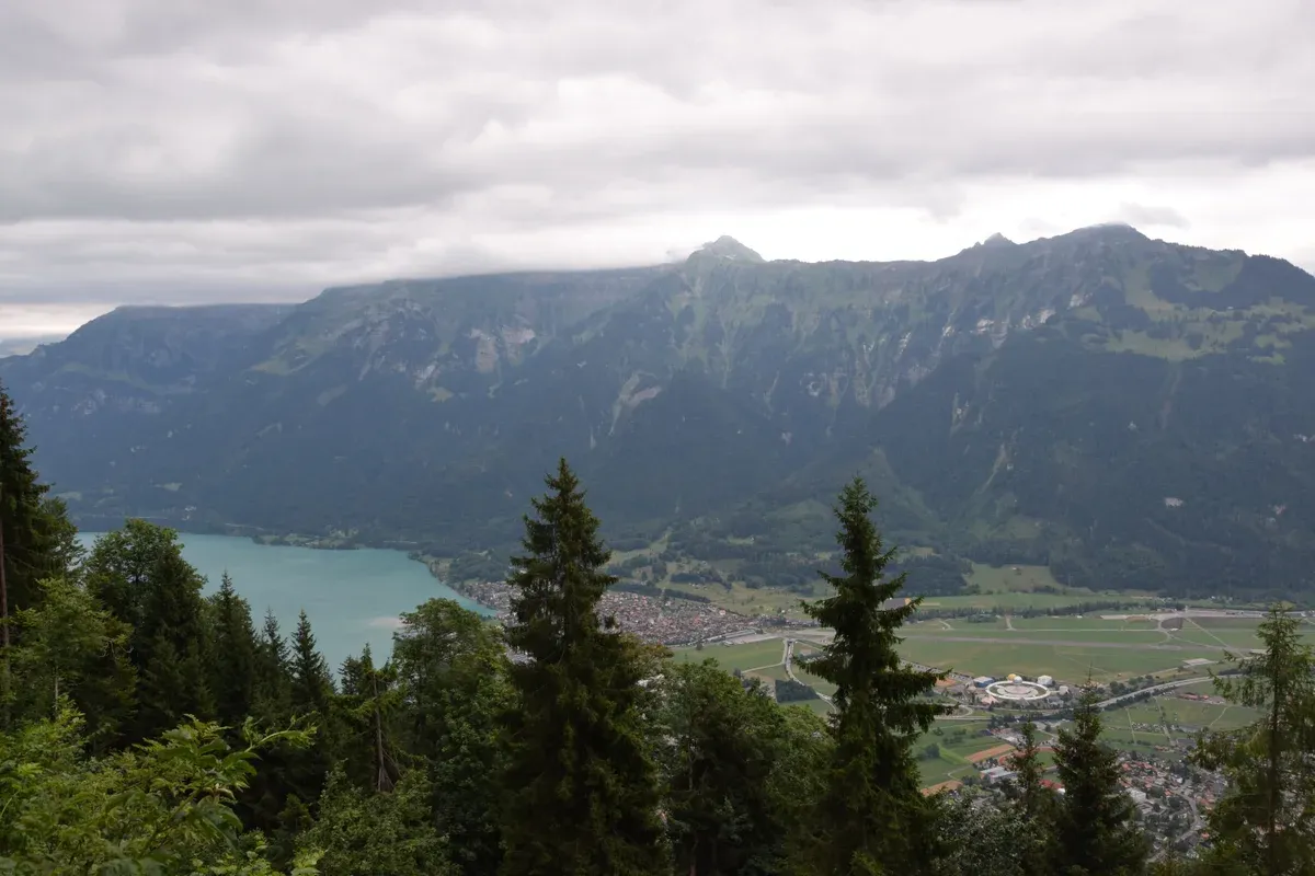 Interlaken town on the flat Bödeli plain in Switzerland, seen from above