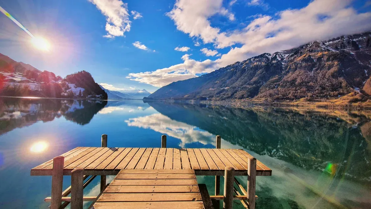 The wooden pier at Iseltwald on Lake Brienz near Lauterbrunnen, Switzerland