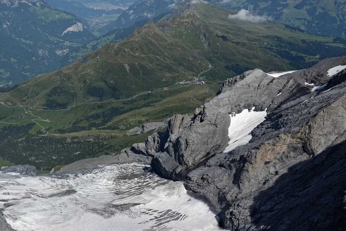 The Aletsch Glacier and rock ridges seen from the Sphinx Observatory terrace at the Jungfraujoch above the Lauterbrunnen valley, Switzerland