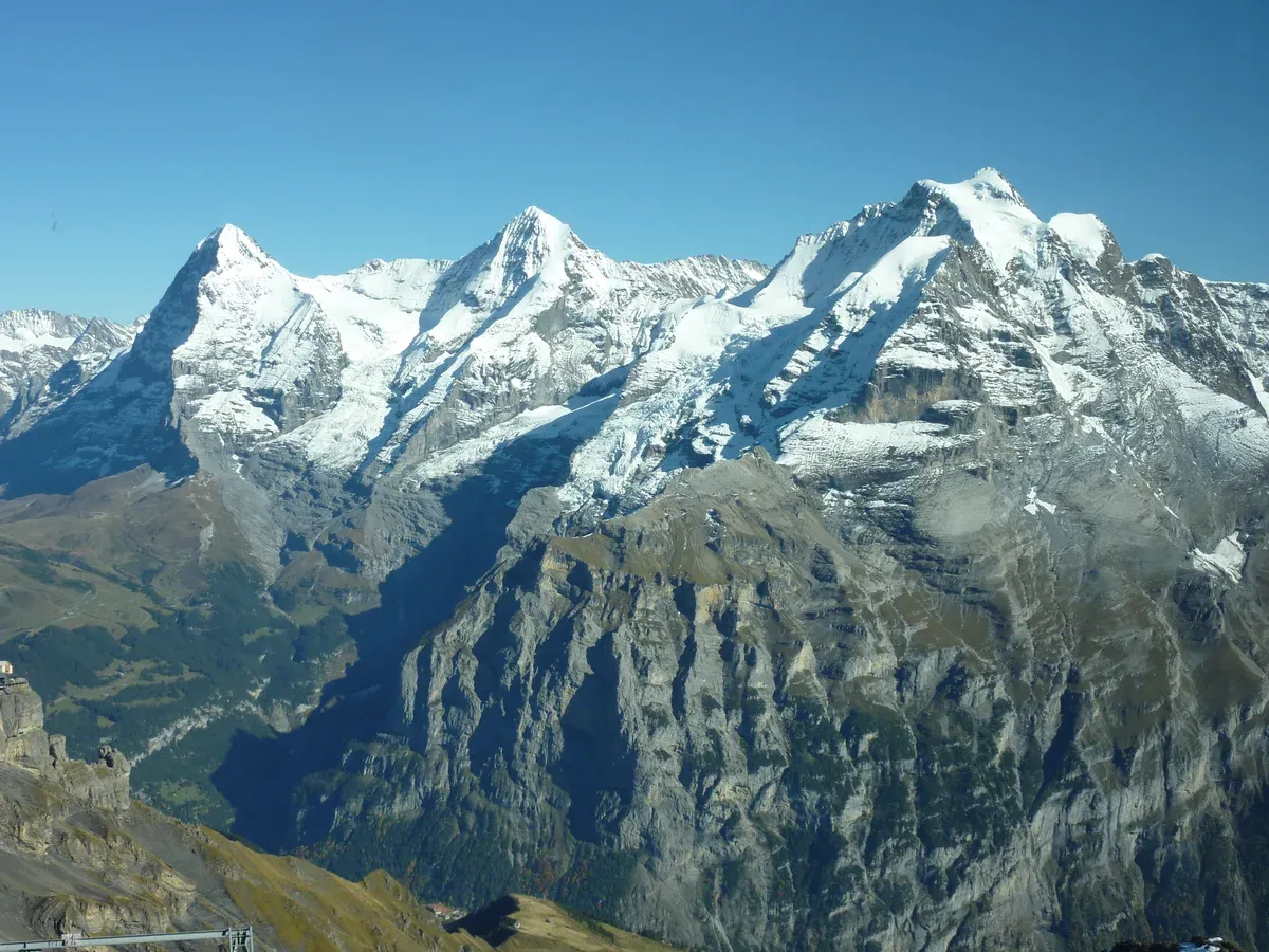 The Eiger, Mönch and Jungfrau seen from the Schilthorn summit above the Lauterbrunnen valley, Switzerland