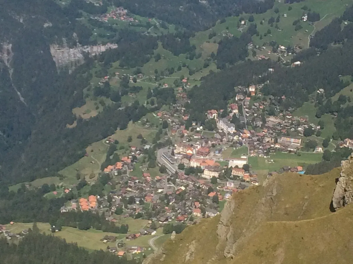 Aerial view of Wengen village on its ledge above the Lauterbrunnen valley, Switzerland