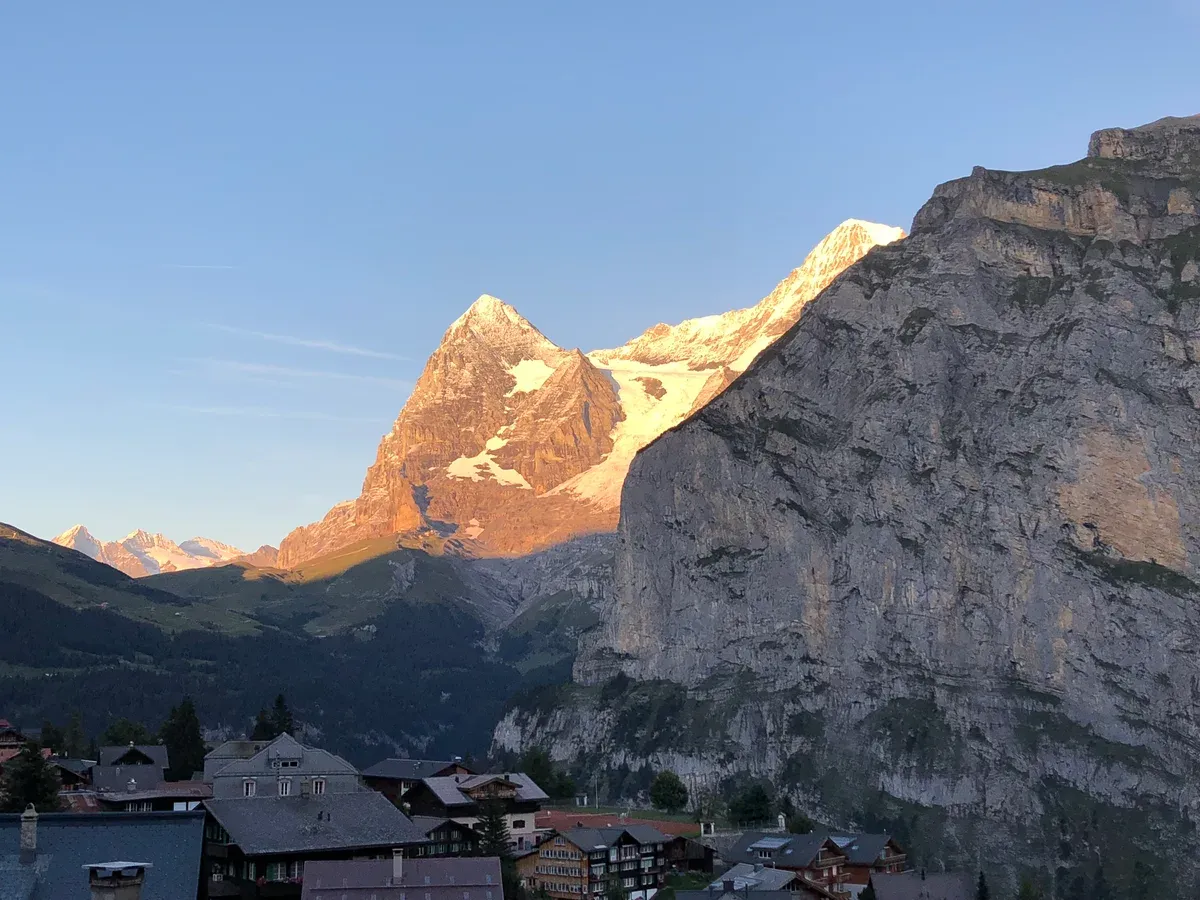 Car-free Mürren village rooftops with the Eiger above the Lauterbrunnen valley, Switzerland