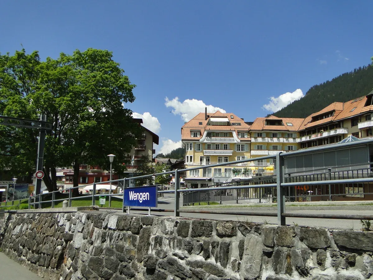 The village centre of car-free Wengen above the Lauterbrunnen valley, Switzerland