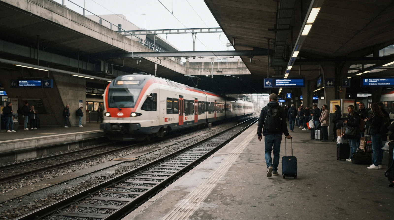 A Swiss intercity train at an airport station platform, with alpine peaks in the far distance